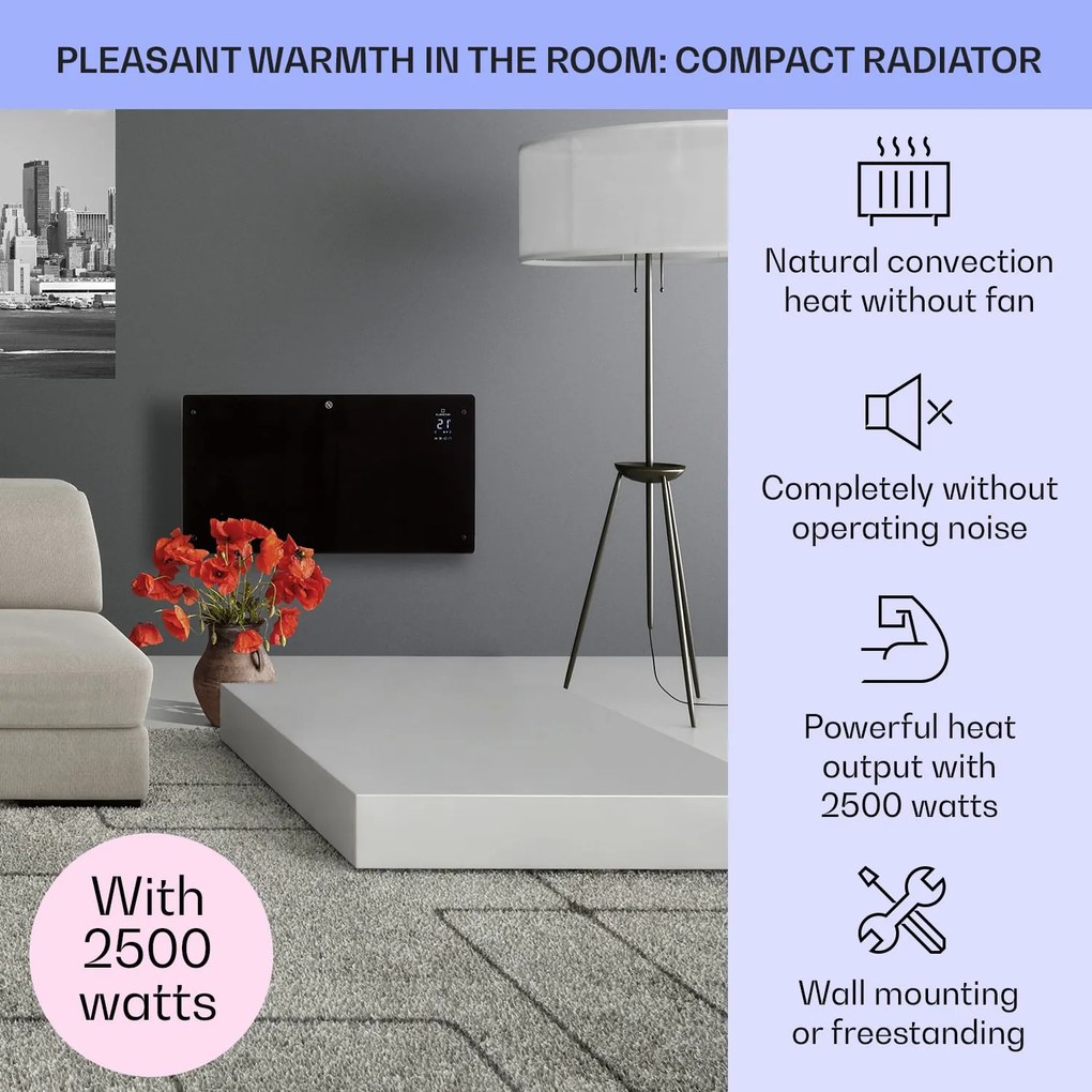 Klarstein Bansin Crystal Smart, конвекторен нагревател, 2500W, 5 - 50 °C, управление чрез приложение