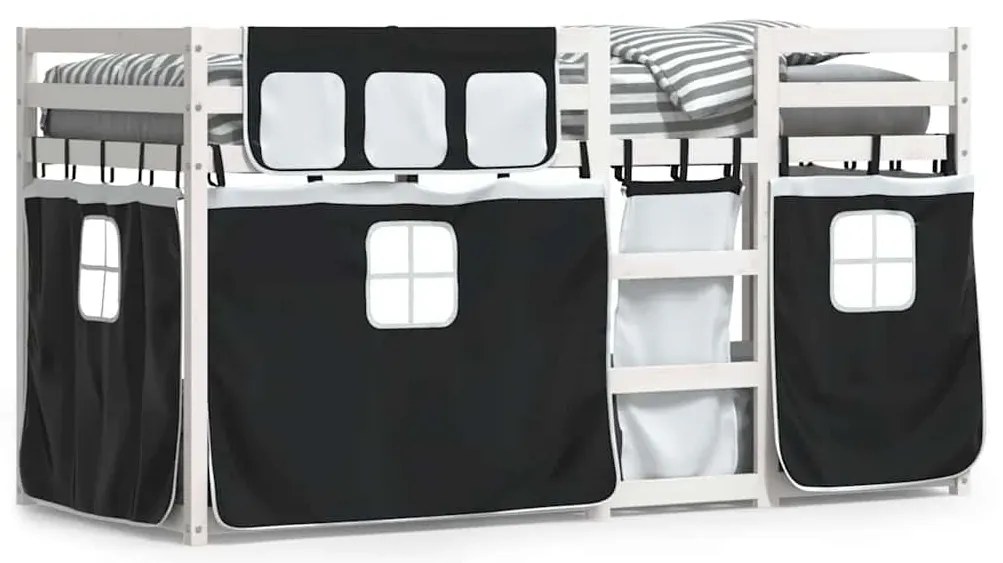 3283901 vidaXL Двуетажно легло със завеси, бяло и черно, 80x200 см, бор масив