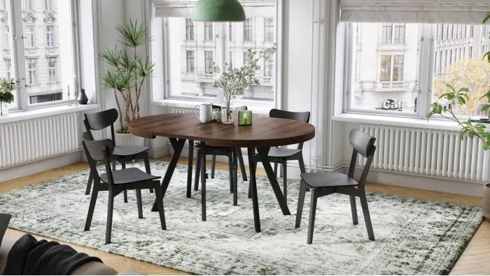 ЕКСПАНСО Кафяв дъб/черни крака - ГОЛЯМА КРЪГЛА МАСА Ø110 РАЗТЕГАТЕЛНА ДО 310 cm С КРАКА Y ЛОФТ/ИНДУСТРИАЛНА