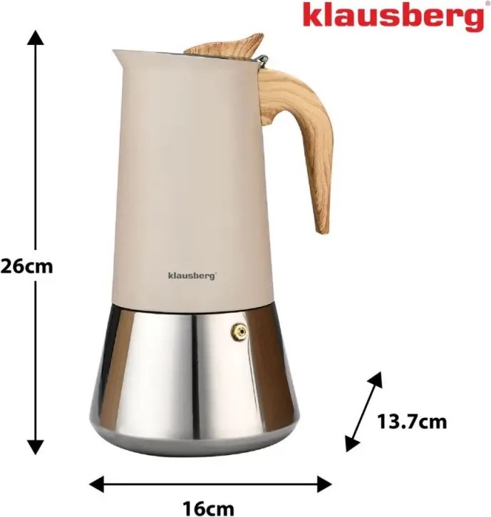 Електрическа кубинска кафеварка за еспресо Klausberg KB 7997, 600 мл, 12 чаши, Предпазен клапан, Стомана, Индукция, Бежов