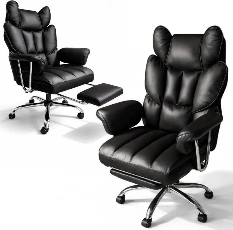 Луксозен офис стол RELAX PRO с поставка за крака - черна екокожа
