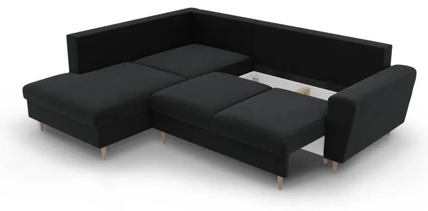 Черен кадифен разтегателен ъглов диван с място за съхранение (ляв ъгъл/L форма) Kyoto – Cosmopolitan Design