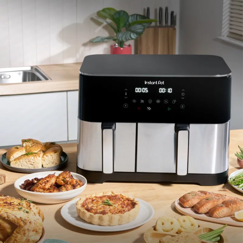 Двоен фритюрник с горещ въздух 8в1 Instant Pot Vortex DUAL SPLIT, 2600W, 11 л, 205°C, EvenCrisp, Синхронизирано готвене, Сензорно управление, Черен/инокс