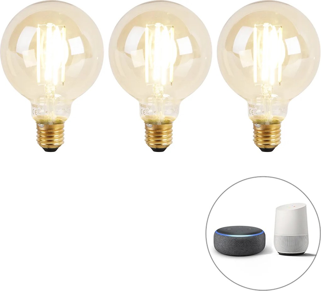Комплект от 3 интелигентни LED крушки E27 Dim to Warm G95 Goldline 7W 806lm 1800K - 3000K