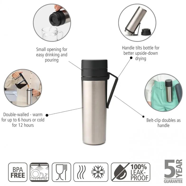 Термо бутилка Brabantia Make&Take 1008487, 500 мл, Двойни стени, Без BPA, Инокс/тъмносив