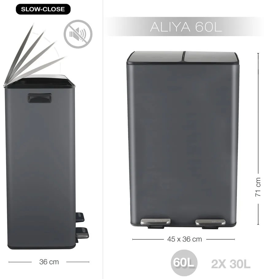 Тъмносиво стоманено кошче за боклук 2x30 l за рециклиране с педал Aliya – Spirella