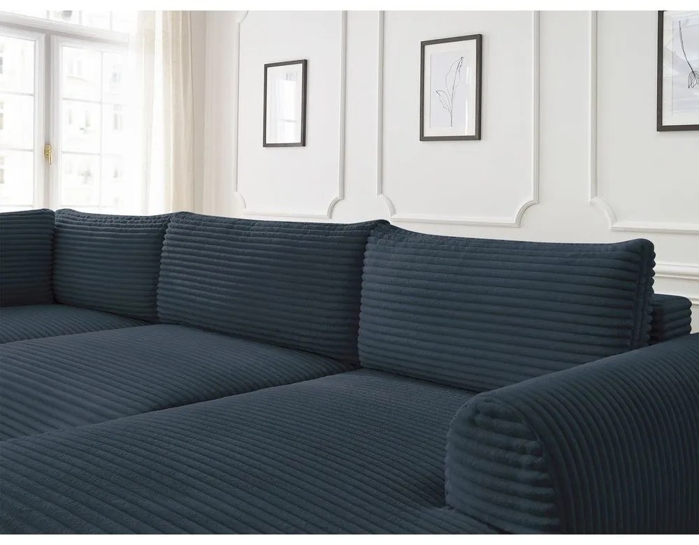 Тъмносин разтегателен ъглов диван от рипсено кадифе (десен ъгъл/"U" форма) Lucien – Bobochic Paris