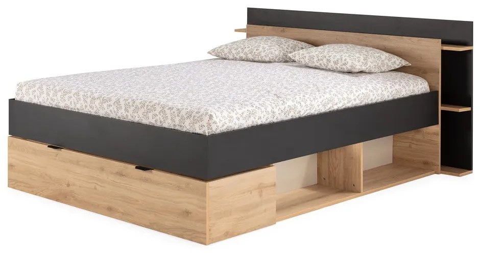 Черно-естествено двойно легло 160x200 cm от декор от дъб с място за съхранение без ламелно дъно Albo – Marckeric