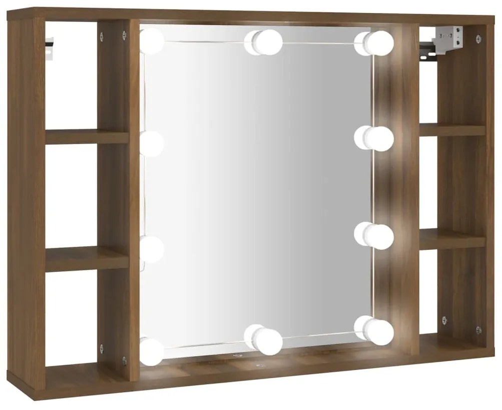 820447 vidaXL Огледален шкаф с LED, кафяв дъб, 76x15x55 см