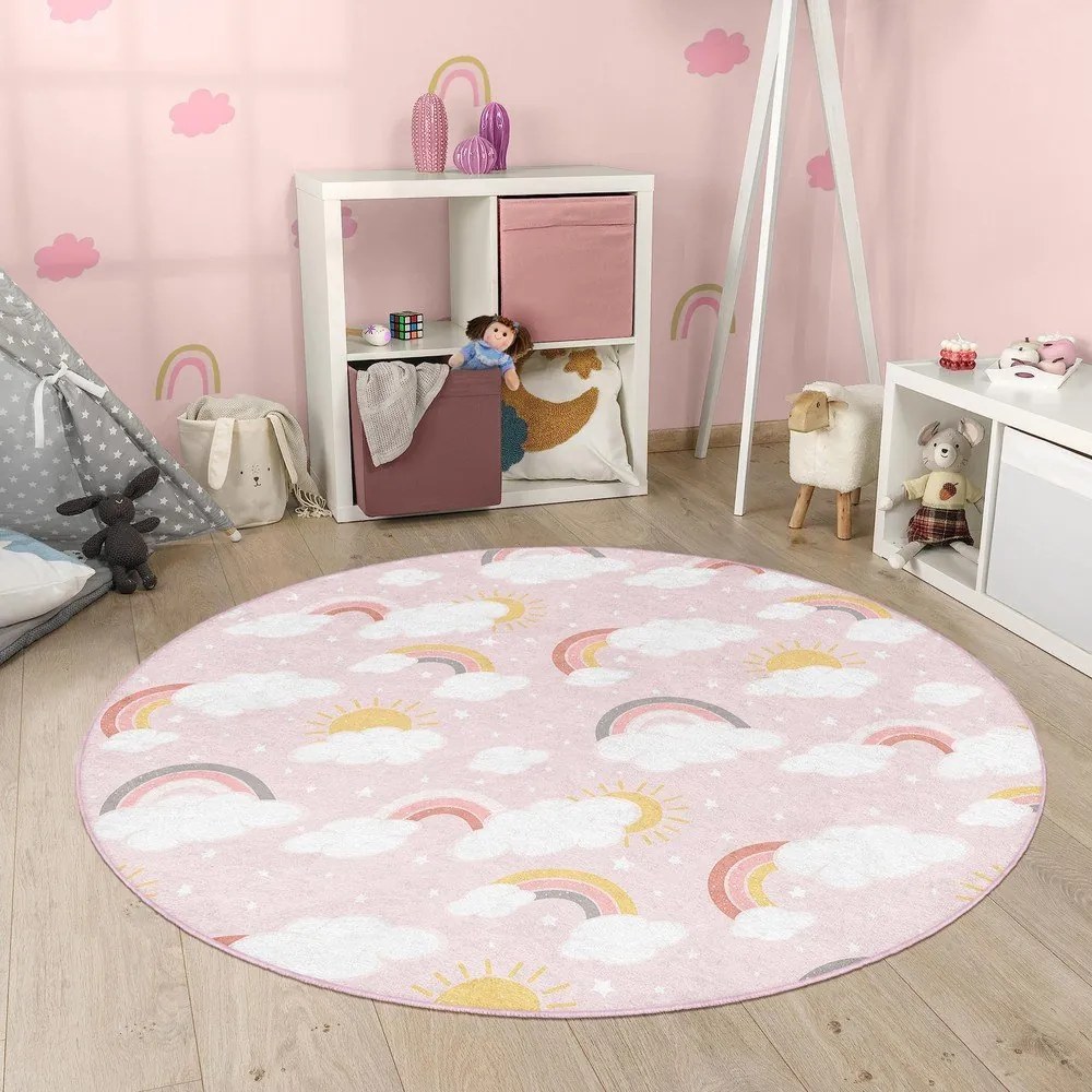 Розов детски килим подходящ за пране ø150 cm Rainbow World – Mila Home