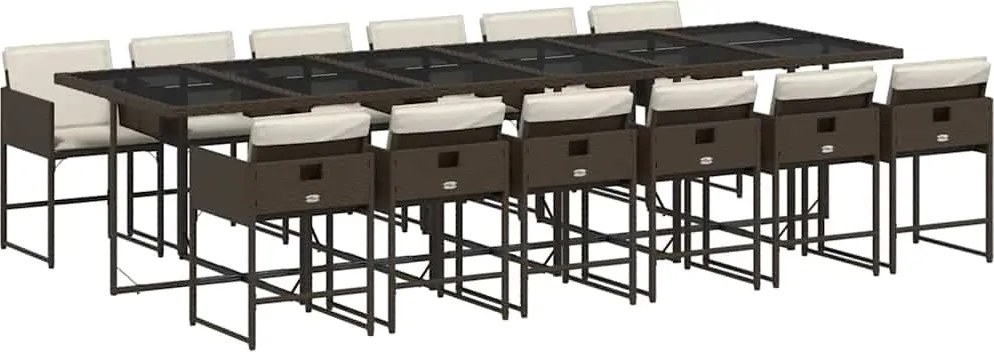 3211305 vidaXL Външен трапезен комплект 13 части с възглавници кафяв полиратан