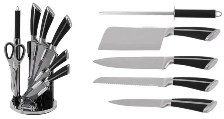 Комплект ножове с поставка ZILNER ZL 5120, 8 части, Точило, Ножици, Неръждаема стомана, Черен