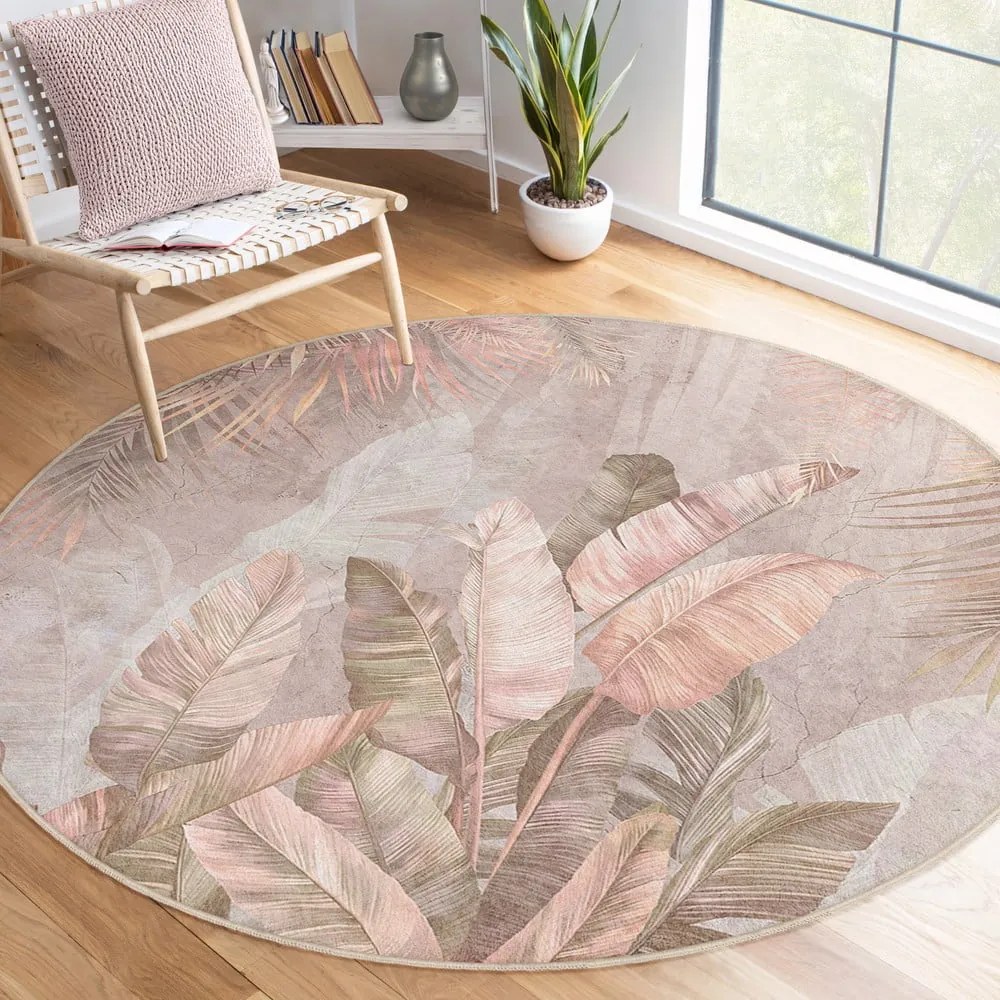 Светлорозов кръгъл килим подходящ за пране ø 80 cm Dusty Leaves – Mila Home