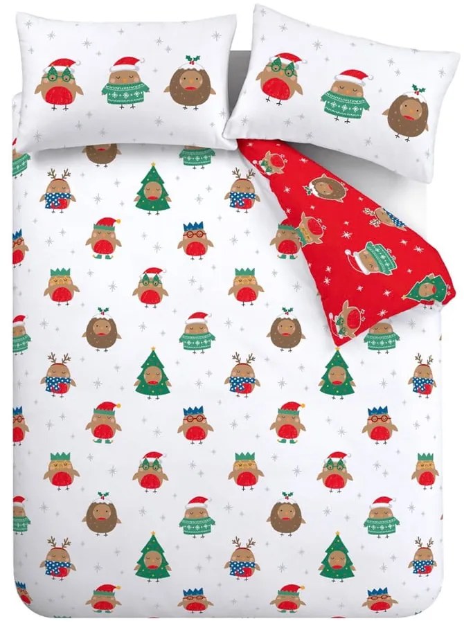Червено-бяло двойно удължено спално бельо 230x220 cm Party Robins – Catherine Lansfield