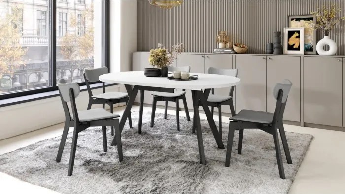 АЛMО Бял мат/черни крака - КРЪГЛА РАЗТЕГАТЕЛНА МАСА С Y-ОБРАЗНИ КРАКА В ЛОФТ/ИНДУСТРИАЛЕН СТИЛ ЗА ХОЛ ИЛИ ТРАПЕЗАРИЯ