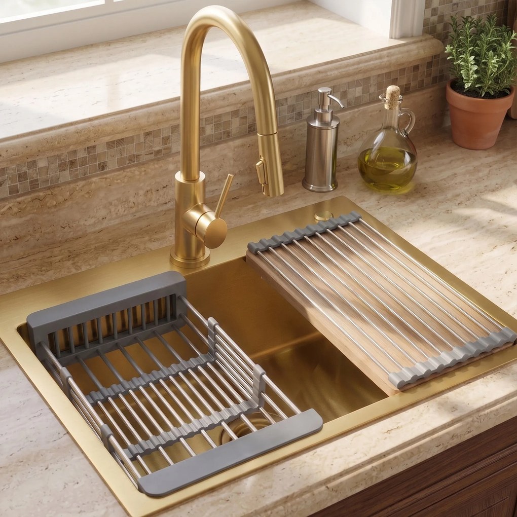 Стоманена мивка с комплект аксесоари 3 бр. REA Liam Brush Gold