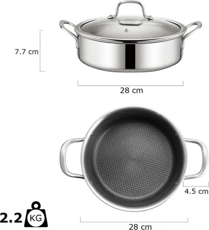 Плитка тенджера Swiss Haus SH-ZGLC28, 28 см, 4.5 л, Sapphire-керамично покритие, Стъклен капак, Фурна до 260C, Индукция, Сребрист