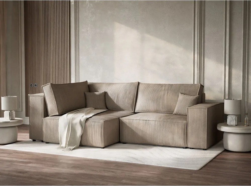 Бежов сгъваем/с място за съхранение ъглов диван от рипсено кадифе (ляв ъгъл/L форма) Tonga – Maison de Rêve