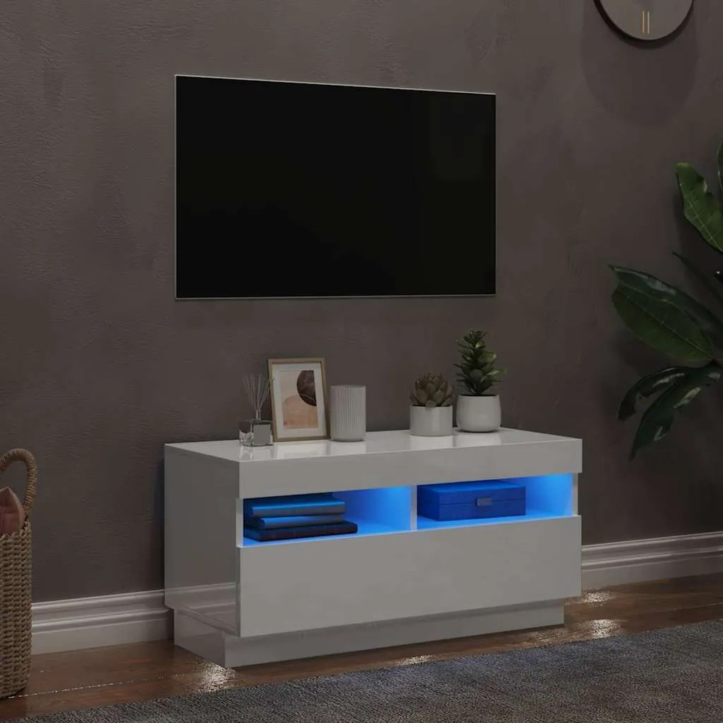 804451 vidaXL ТВ шкаф с LED осветление, бял гланц, 80x35x40 см