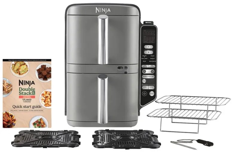 Двоен фритюрник с горещ въздух Ninja SL451EU, 2470W, 9.5 л, Цифров термометър, 2 кошници, 6 програми, Max Crisp, Sync & Match, Сив