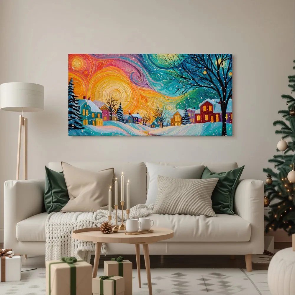 Картина на платно Коледна – Цветни къщи в магическа нощ