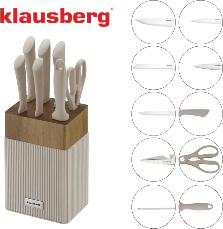 Комплект ножове Klausberg KB 7984, 8 части, Неръждаема стомана, Точило, Стойка от акациево дърво, Бежов/дървесен