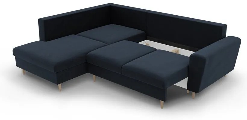 Тъмносин кадифен разтегателен ъглов диван с място за съхранение (ляв ъгъл/L форма) Kyoto – Cosmopolitan Design