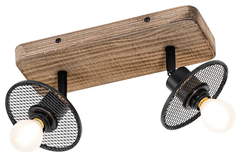 Индустриален таванен прожектор черен с дърво 2-светлина - Jasmine