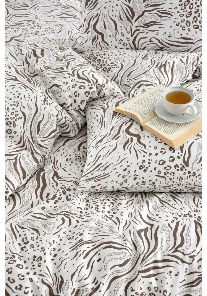Бяло-кафяво единично удължено спално бельо с включен долен чаршаф 3 части 160x220 cm Modern – Mila Home
