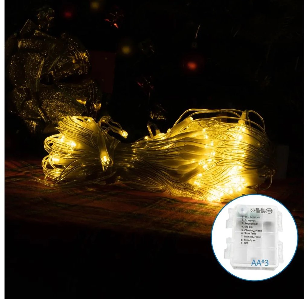 Aigostar LED външен коледен гирлянд 100 LED, 8 функции, 3xAA, IP44, топло бяло