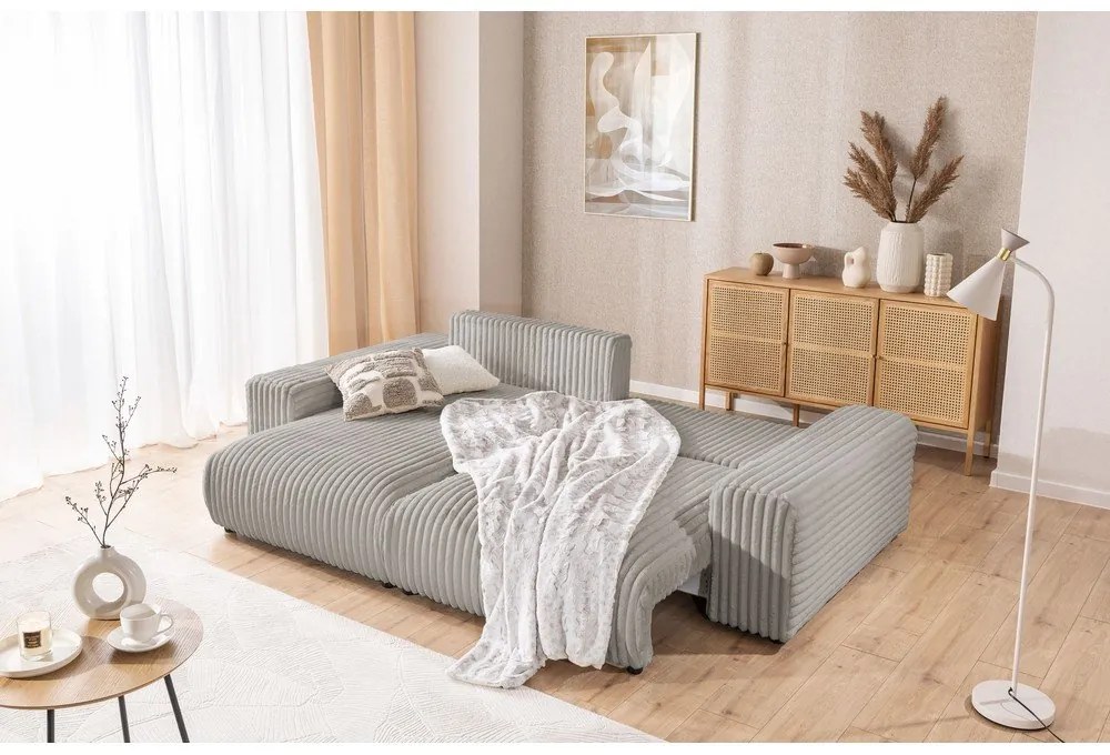 Светлосив разтегателен ъглов диван от рипсено кадифе с място за съхранение (ляв ъгъл) Sarina – Ropez