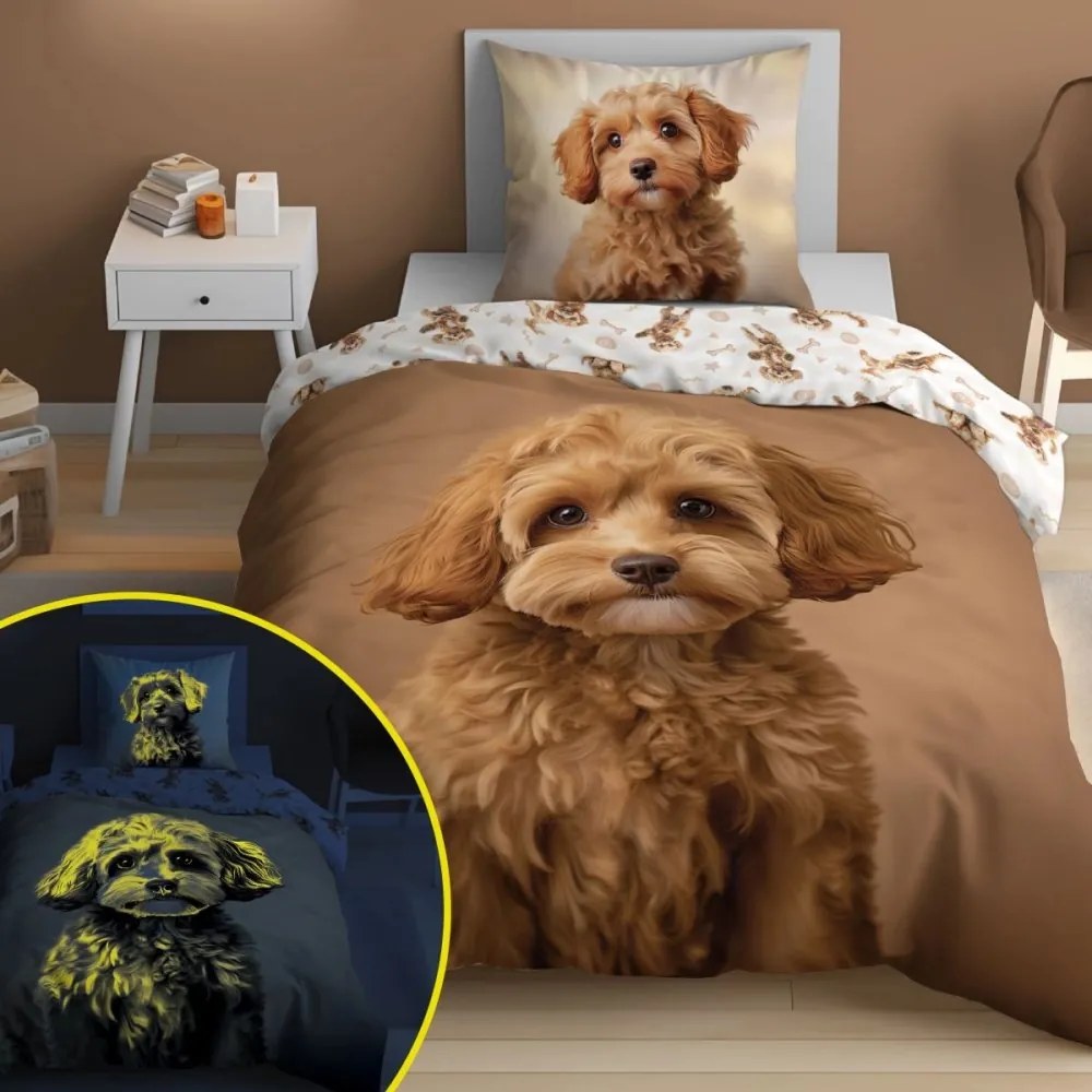 Памучно спално бельо за деца, светещо в тъмното - Симпатично малко куче Ширина: 140 см | Дължина: 200 см
