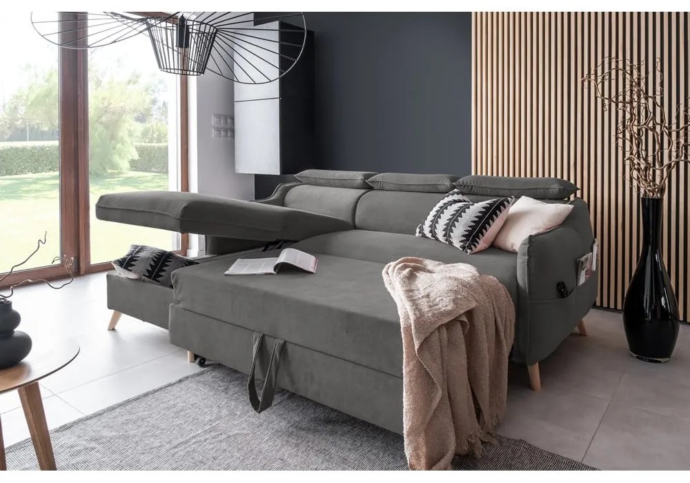Тъмносив ъглов разтегателен диван от кадифе (ляв ъгъл) Sweet Harmony - Miuform
