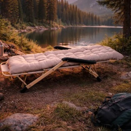 Сгъваем градински, плажен шезлонг с възглавница и облегалка за глава - златиста конструкция