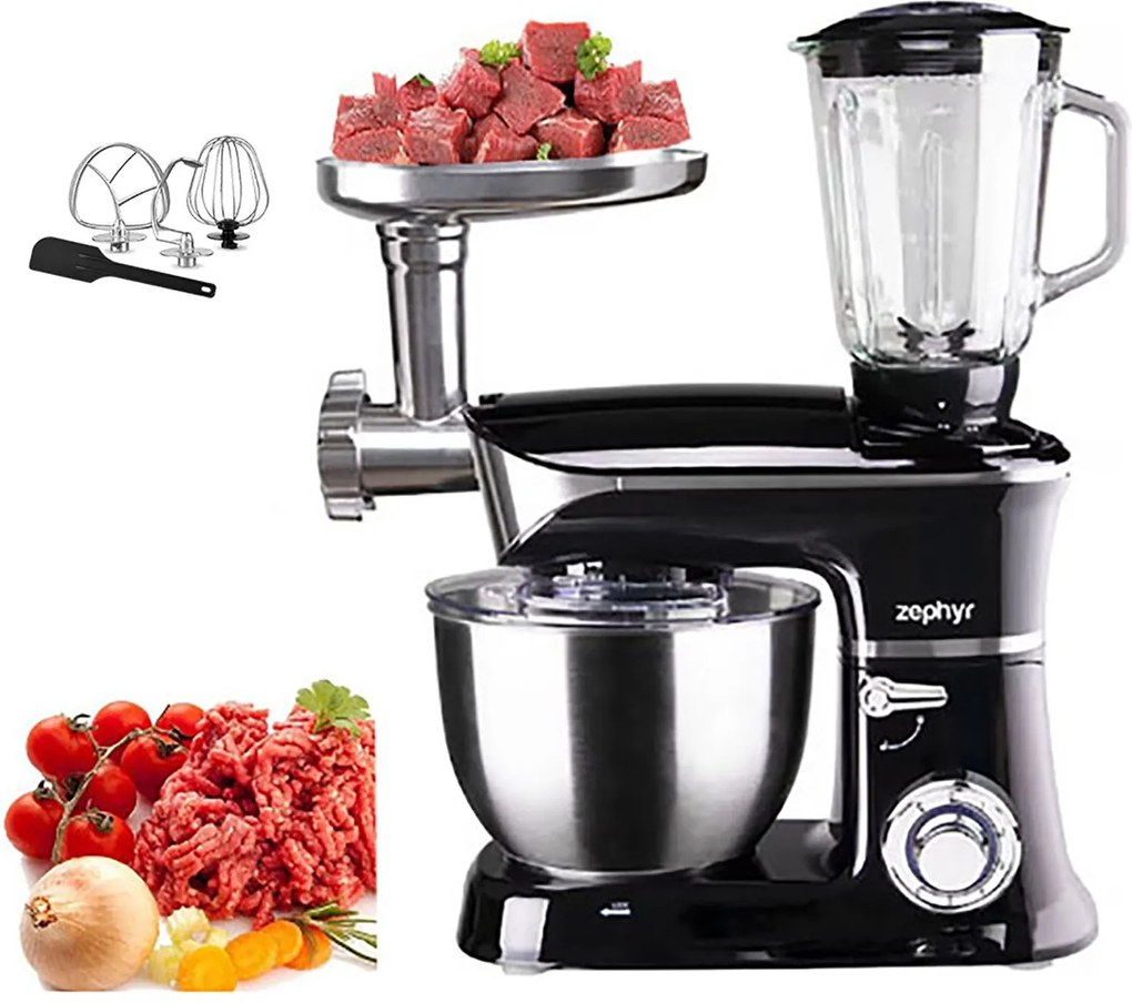 Кухненски робот 3в1 ZEPHYR ZP 1115 QBM, 1900W, 6.5 литра, Блендер, Миксер, Месомелачка, Черен