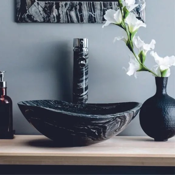 Мивка за баня ICL 4013, монтаж върху плот, камък, черен + бял, 40x40x12см