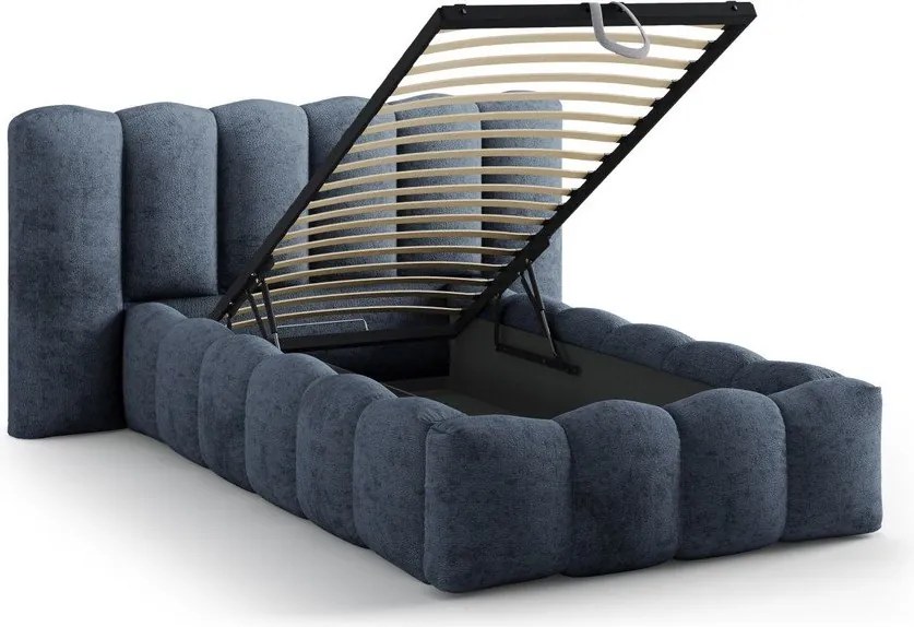 Тъмносиньо единично легло 90x200 cm тапицирано с място за съхранение с включена подматрачна рамка Lupine – Micadoni