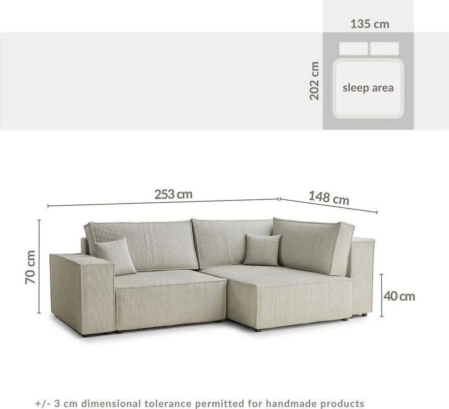 Сив сгъваем/с място за съхранение ъглов диван от рипсено кадифе (десен ъгъл/L форма) Tonga – Maison de Rêve