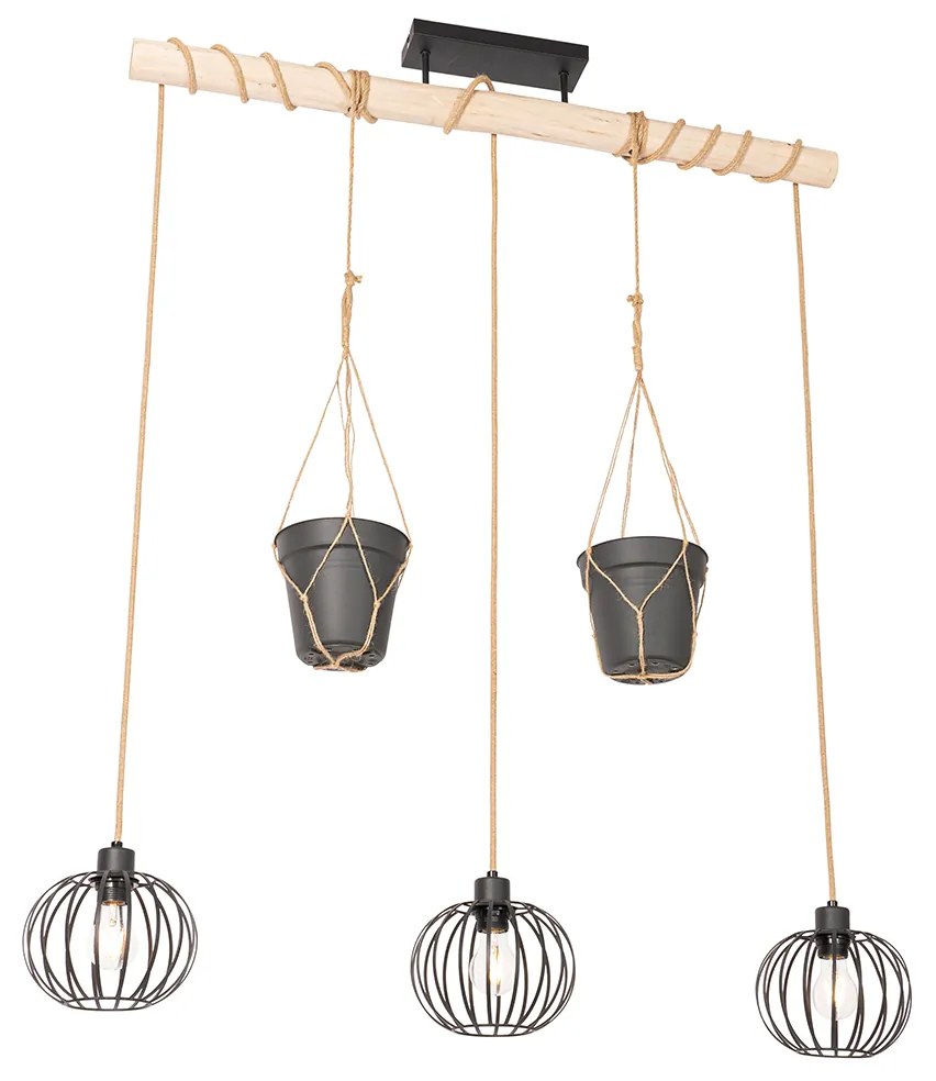 Рустикална висяща лампа черна с дърво 3-светлина - Yura