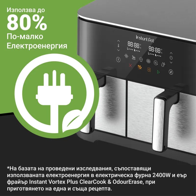 Двоен фритюрник с горещ въздух 8в1 Instant Pot Vortex DUAL SPLIT, 2600W, 11 л, 205°C, EvenCrisp, Синхронизирано готвене, Сензорно управление, Черен/инокс