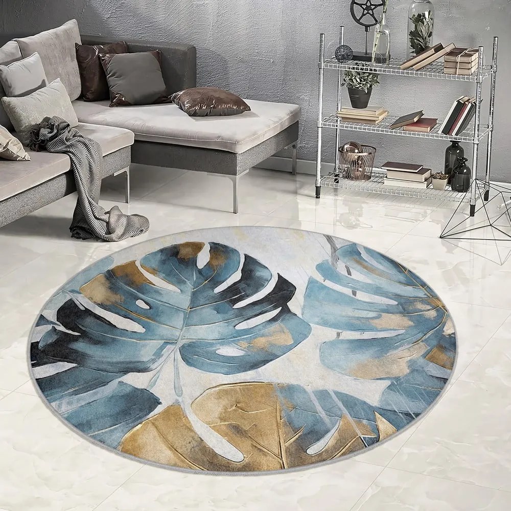 Син кръгъл килим подходящ за пране ø 120 cm Golden Leaves – Mila Home