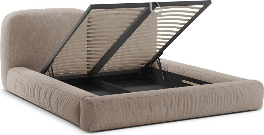 Светлокафяво тапицирано двойно легло с място за съхранение и включена подматрачна рамка 160x200 cm Martina – Micadoni