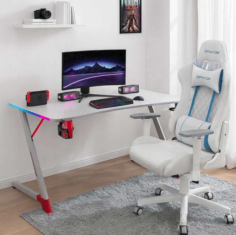 Бяла геймърска PC маса с RGB LED осветление Šírka: 140 cm