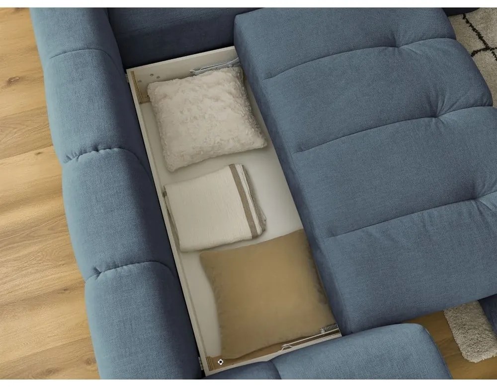 Син сгъваем/с място за съхранение ъглов диван (десен ъгъл/L форма) Fuji – Bobochic Paris