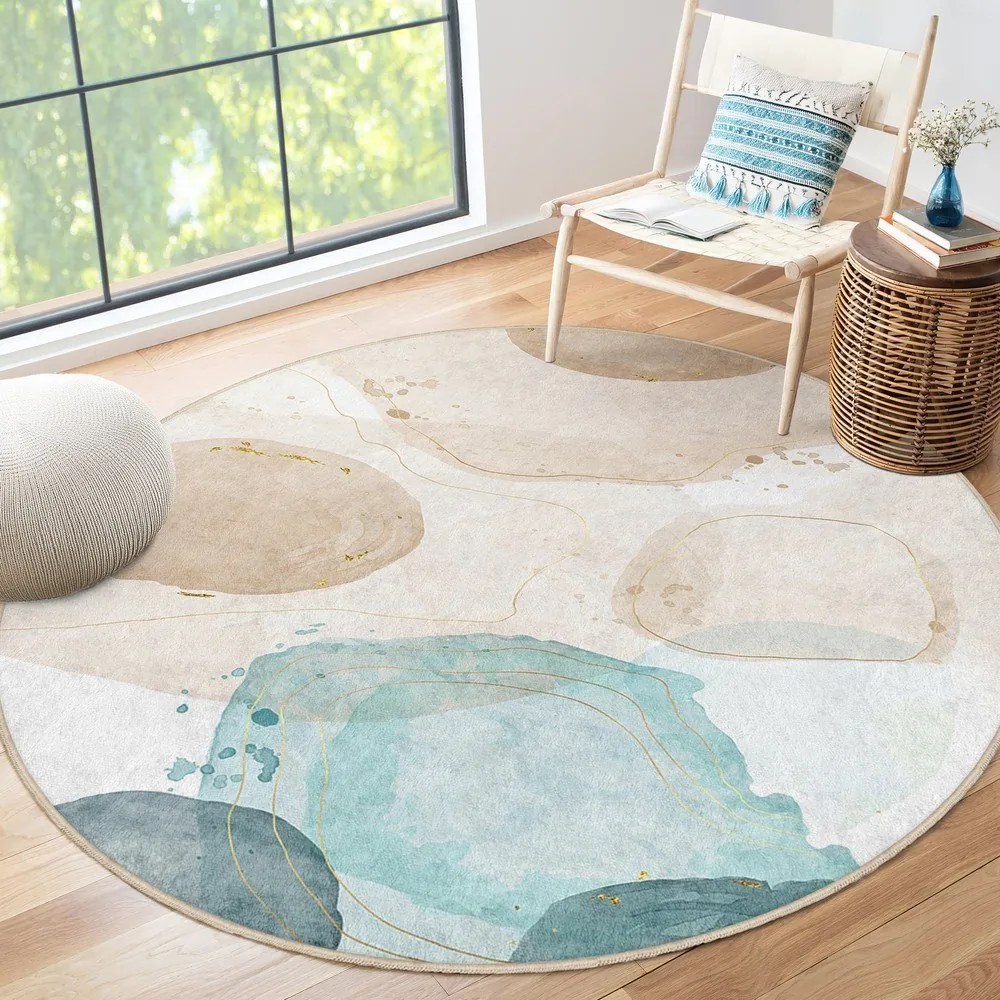 Синьо-бежов кръгъл килим подходящ за пране ø 120 cm Puddle – Mila Home