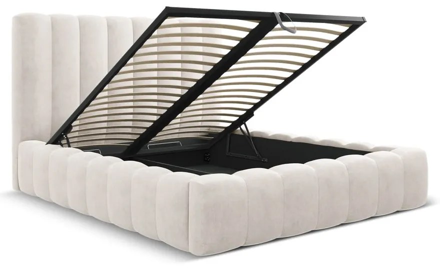 Кремаво тапицирано двойно легло с място за съхранение с включена подматрачна рамка 200x200 cm Kelp – Micadoni Home