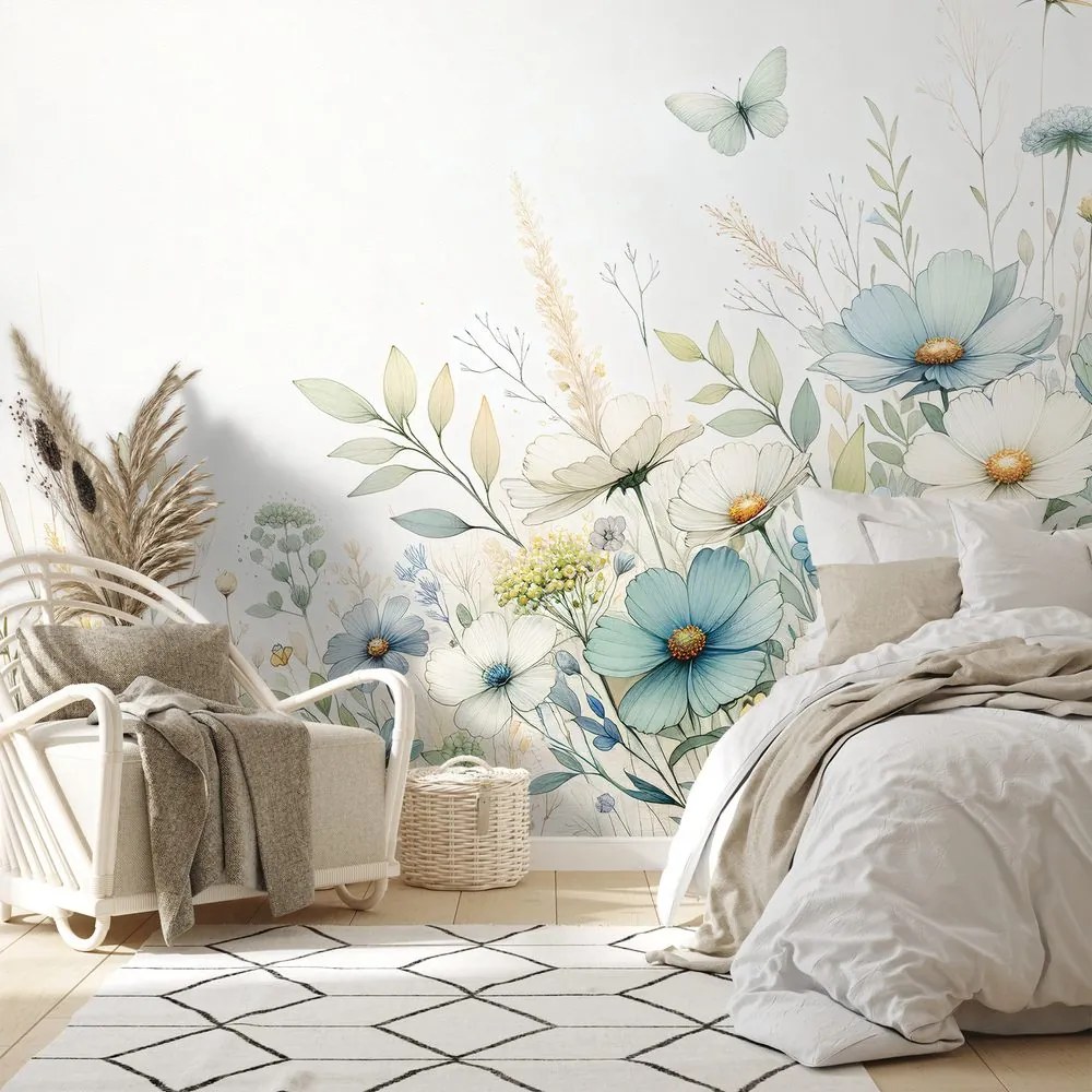 Самозалепващ тапет – Пастелни полски цветя и летящи пеперуди