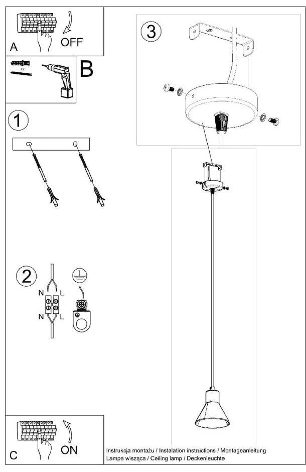 Черна висяща лампа с метален абажур 14x14 cm Martina - Sollux