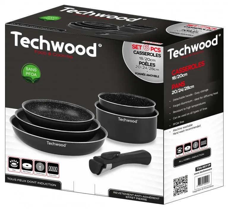 Комплект тенджери и тигани Techwood TSA-6611P, 6 ч, Сваляща се дръжка, Незалепващо покритие, Без PFOA, Индукция, Черен