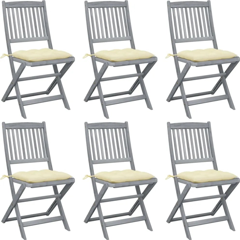 3065451 vidaXL Сгъваеми градински столове, 6 бр, с възглавници, акация масив